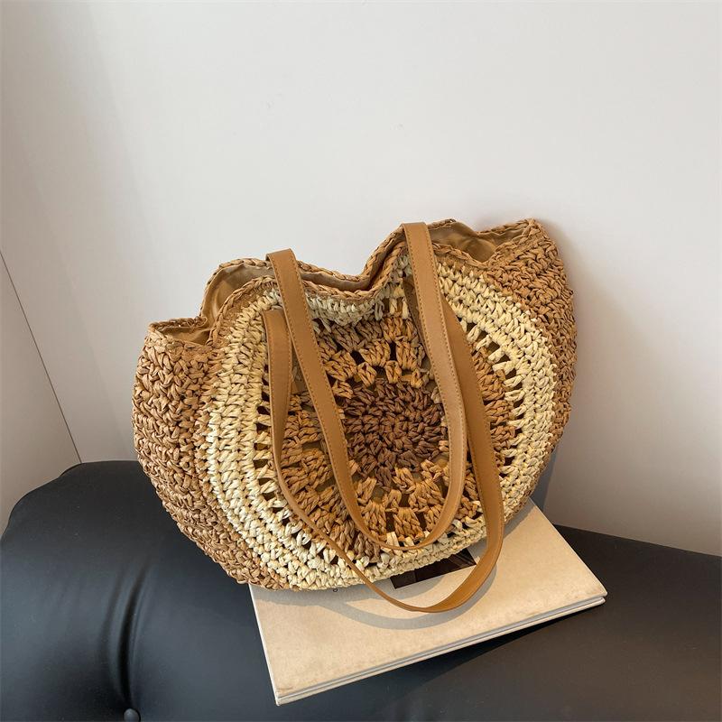 

Large Capacity Round Women Fashion Straw Woven Shoulder Bag with Zipper Handmade Summer Beach Travel Holiday Women Tote Bags