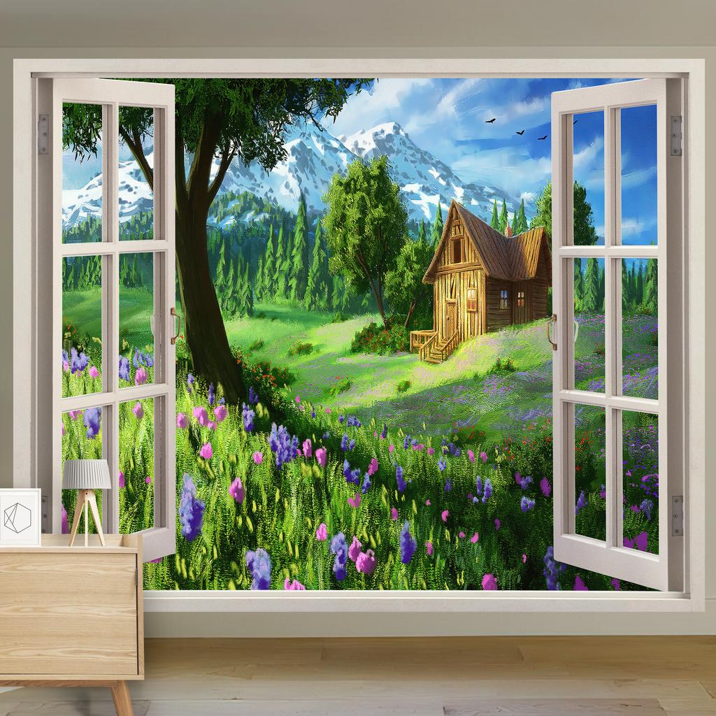 Scenic Landscape Hanging Cloth Natural Woods Beach Simulation Window Decoration Room Background Cloth Wall Painting Cloth