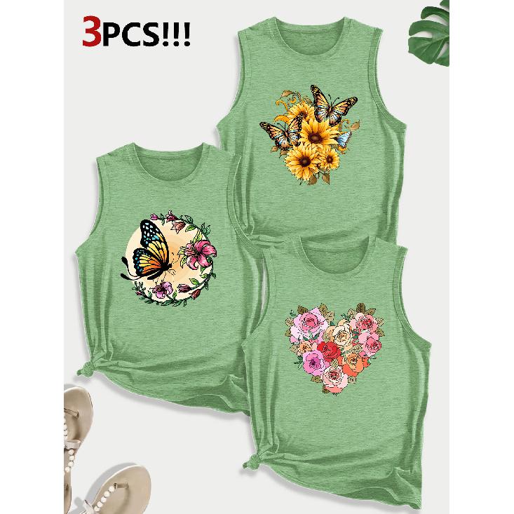 Sunflower and Butterfly Combination Gift Print Pattern Round Neck3Pack of Sleeveless Vests for Women In Spring, Summer, and Autumn