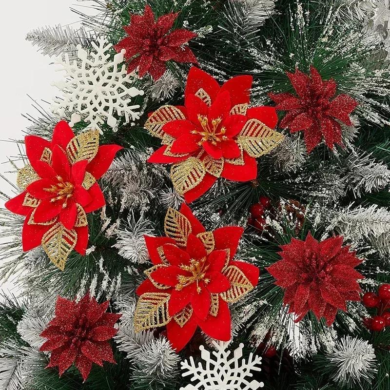 5 Stück Künstliche Blumen Weihnachten Blumenschmuck mit Clips Weihnachtsbaum Hängende Ornamente Kunstblume für Neujahrsparty Deko Geschenke