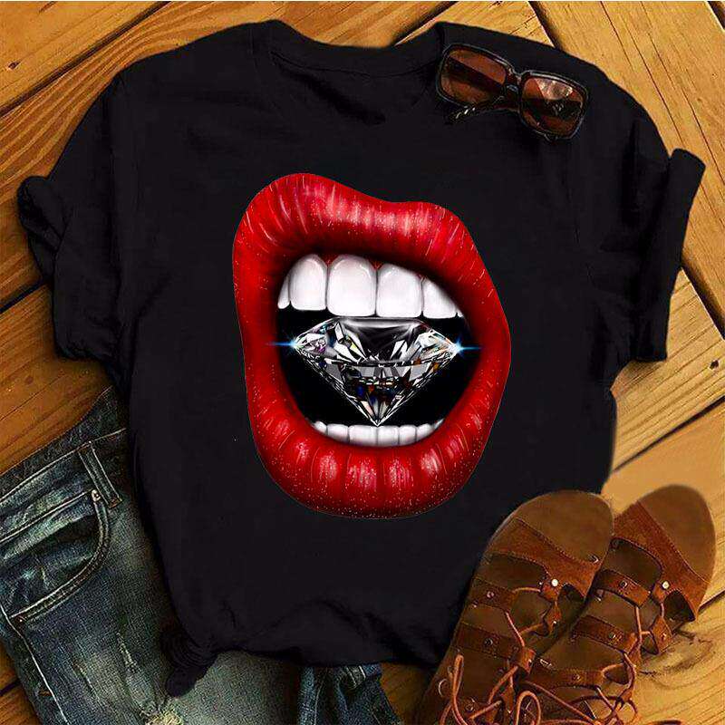 Lippen Reine Baumwolle Bedruckt Unisex und Damen Modetrend T-Shirt Sommer Neu Personalisiert Rundhals Locker Lässig T-Shirt