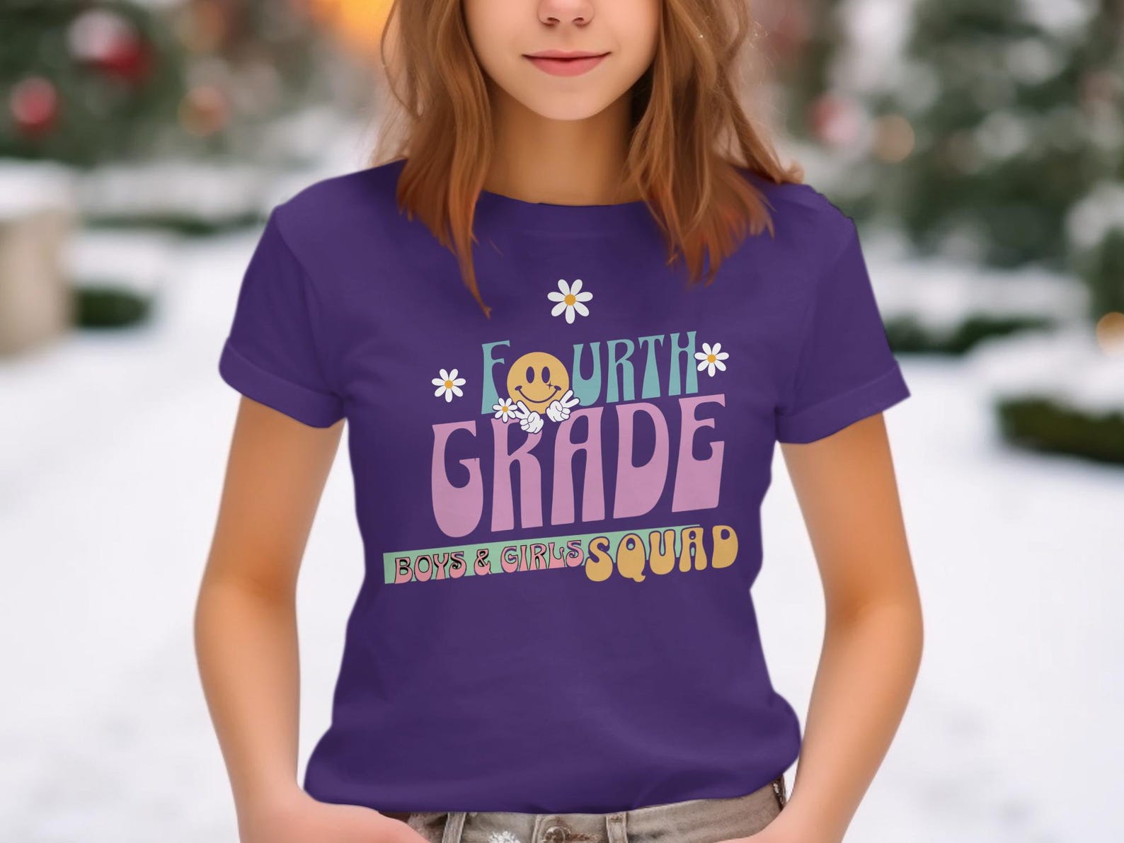 Fourth Grade Squad T-Shirt, Groovy Retro Smiley Daisy Top XL