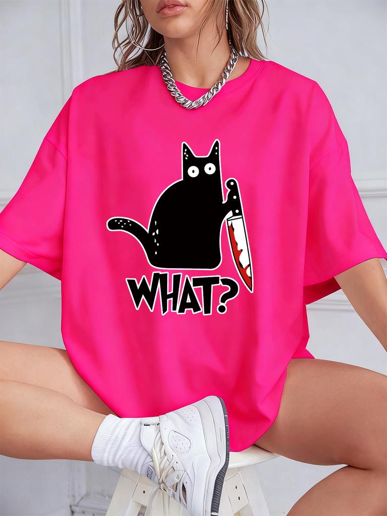 Schwarze Katze mit Messer Aufdrucken Kurzarm T-Shirts Damen Sommer Baumwolle T-Shirts Locker O-Ausschnitt Weiche Oberteile Streetwear