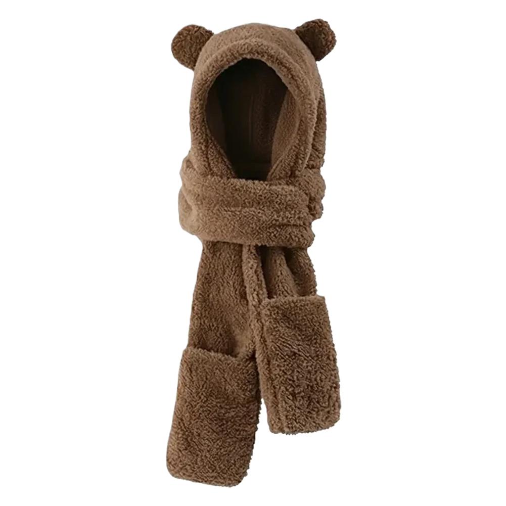 Winter Hat Scarf Gloves Set Bear Ear Protection Warm Windproof Plush Hooded Scarf Mitten Three Piece Set Cute Cartoon Accessory