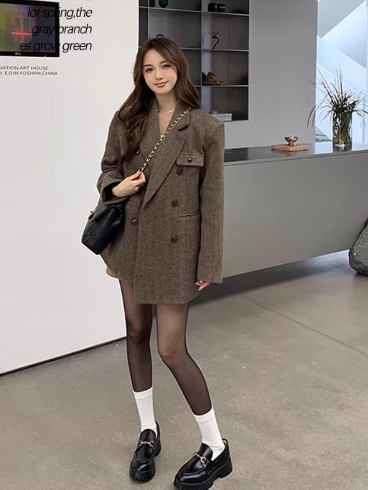 New Korean Chic Elegant Reversible Cashmere Coat Women Autumn Winter Loose Woolen Blazer Jackets Short Streetwear Clothes