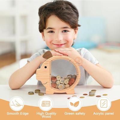 Wooden Piggy Bank Cute Pig Shape Coin Bank Savings Box Reusable Piggy Money Box with Clear Windows for Kids Toddlers Birthday Gift