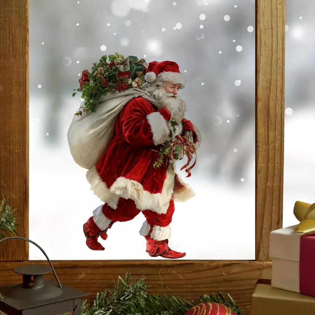 Santa Claus Delivers Gifts with Fully Transparent, Double-sided Visible Glass Stickers for Home Decoration