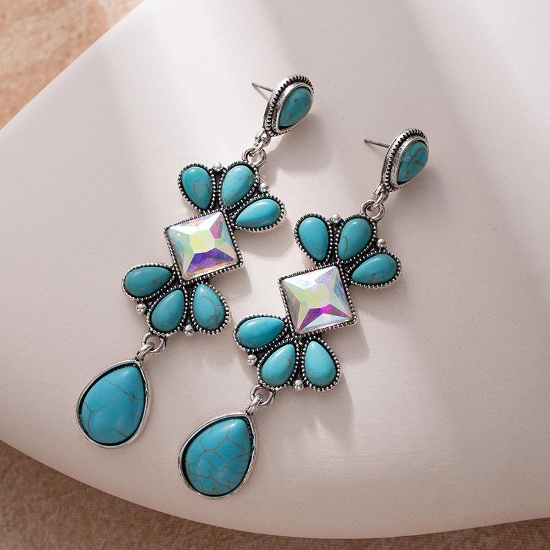 Bohemian Retro Ethnischer Stil Türkis Ohrringe Weiblichkeit Fransen Wassertropfen Ohrringe Literarischer Übertriebener Ohrschmuck