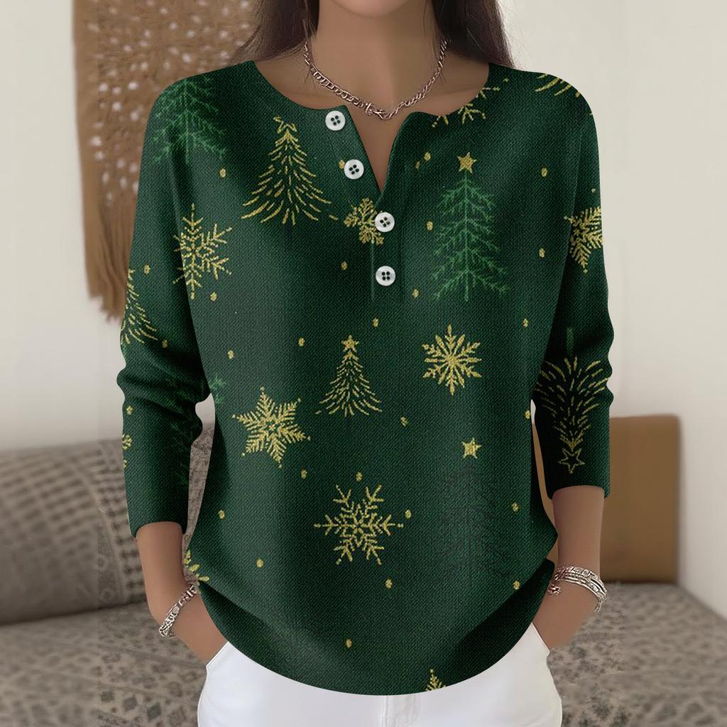 Women's Fashion Long Sleeve Christmas Snowflake Print Top Elegant Casual Top