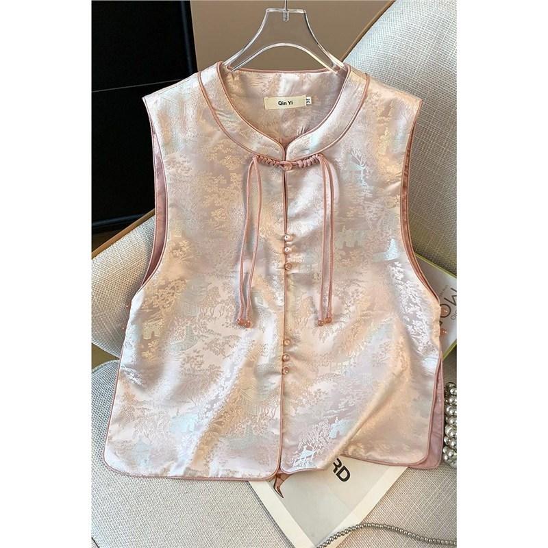 Vest Women's Guochao Plate Buckle Small Jacquard Pink Ankara Red Top Old Age