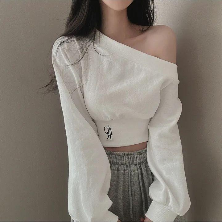 Korean-Style Irregular One-Shoulder Cropped Hoodie for Women