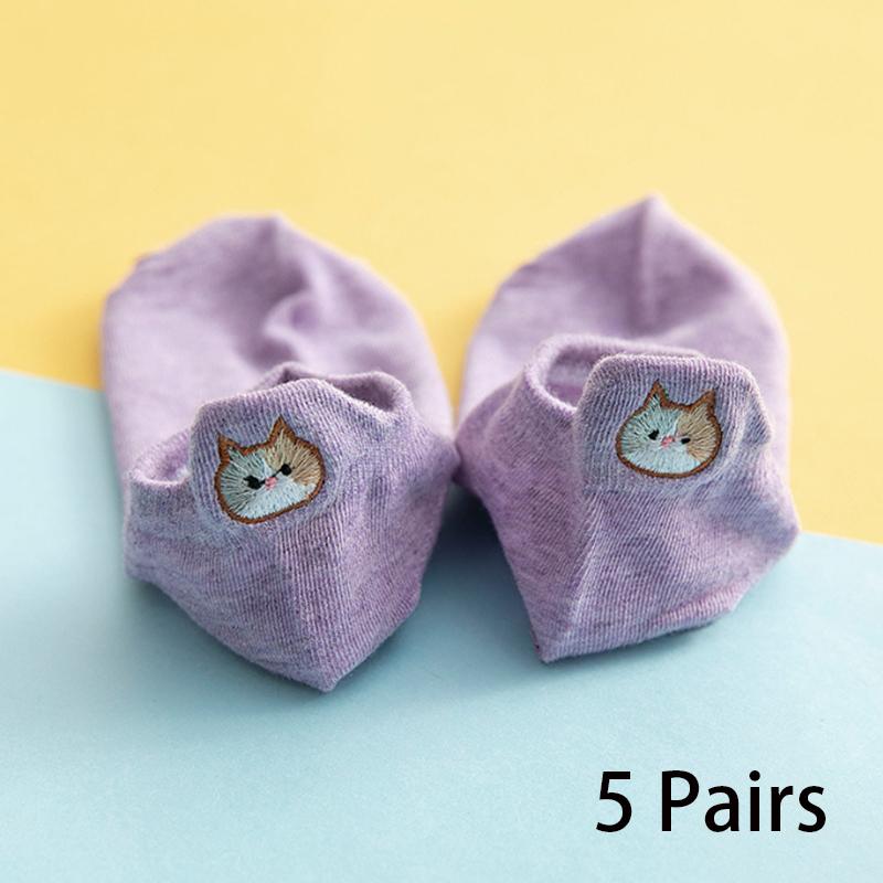 5/10 Pairs Women's Ankle Socks Cartoon Embroidery Cat Funny Short Socks Fashion No-Show Low Cut Soft Casual Female Boat Socks