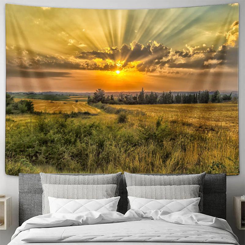 Golden Sunset Field Sun Ray Landscape Wall Tapestry Machine Washable All Season Decor Art Print Nature Scenery Design Home