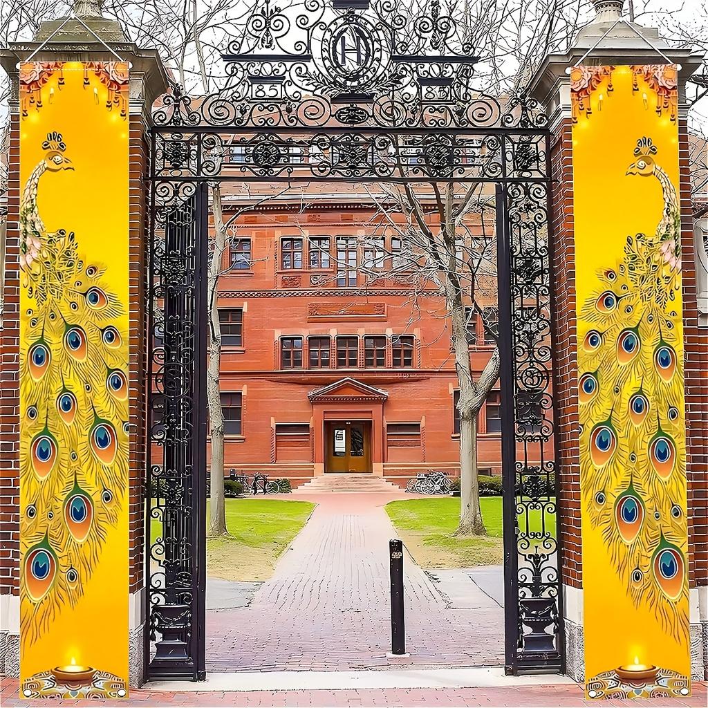 2pcs Indian Diwali polyester door couplet, 30.48x179.83 cm porch banner, peacock design, suitable for home, party, and outdoor hanging decoration - no