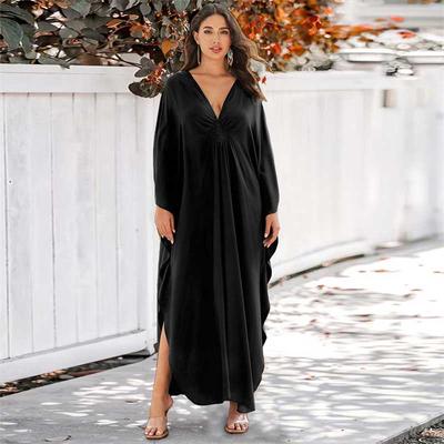 Plus Size Kaftan Black Solid Bohemian Printed Summer Long Beach Dress Women Homewear Outfit Swim Suit Cover Up Loose Caftan