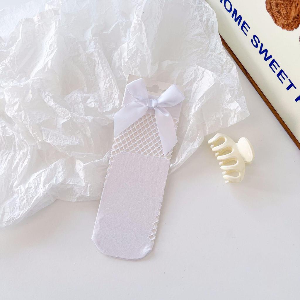 Japanese Lolita Bowknot Fishnet Lace Ankle Socks, White or Black