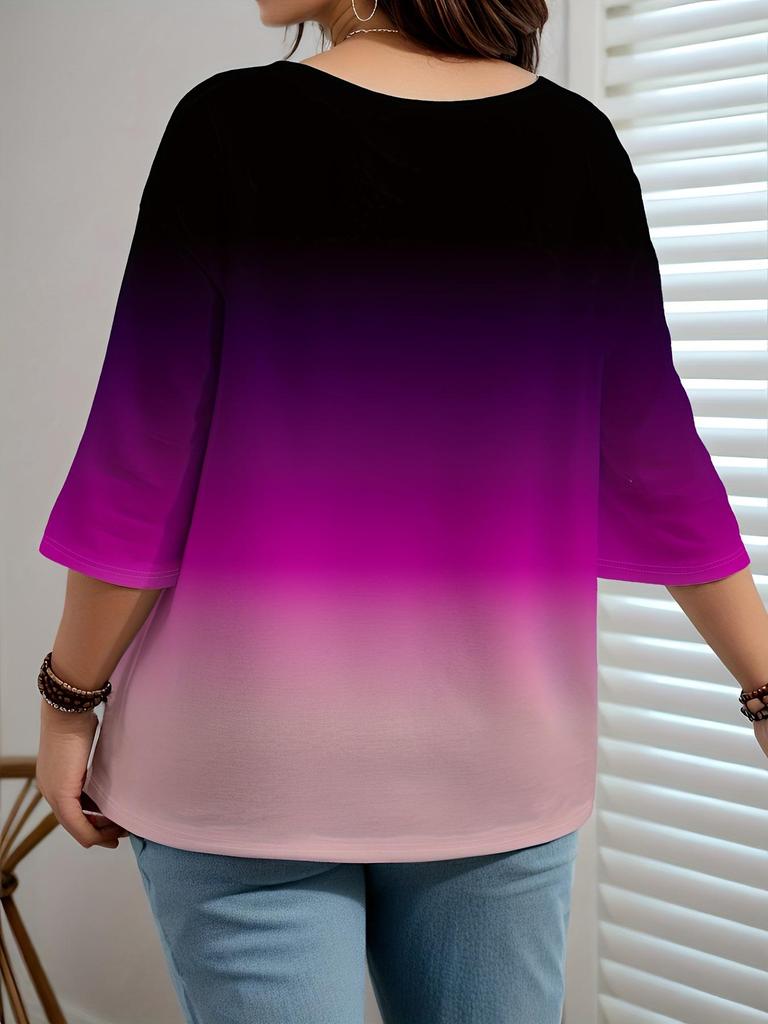 2025 Women's Printed Gradient Three-Quarter Sleeve Casual Top - European, American, Japanese, Korean Fashion Styles