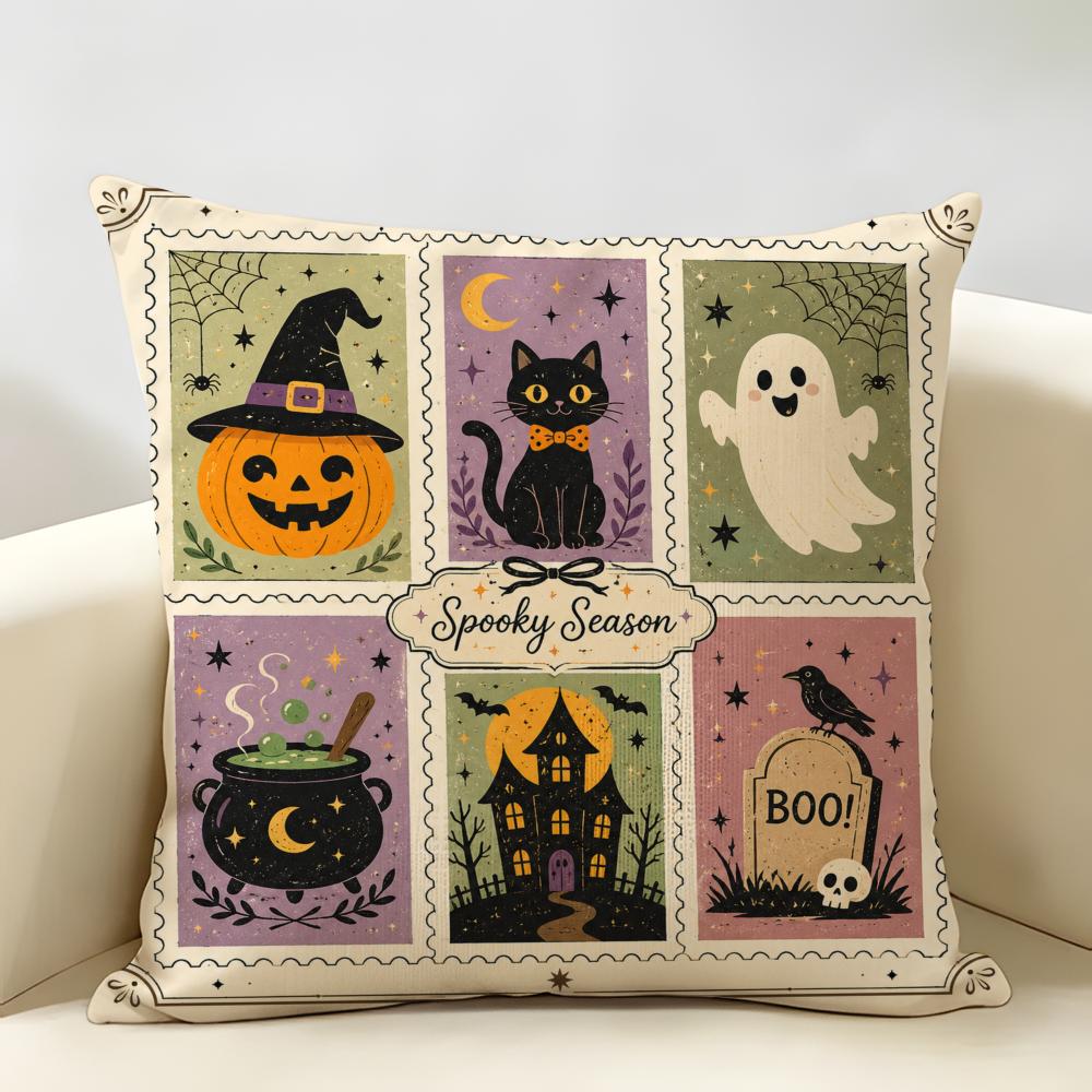 Spooky Cute Halloween Ghost Cat Cushion Cover Natural Linen Fabric Double-Sided Printing Breathable Perfect For Home Decor