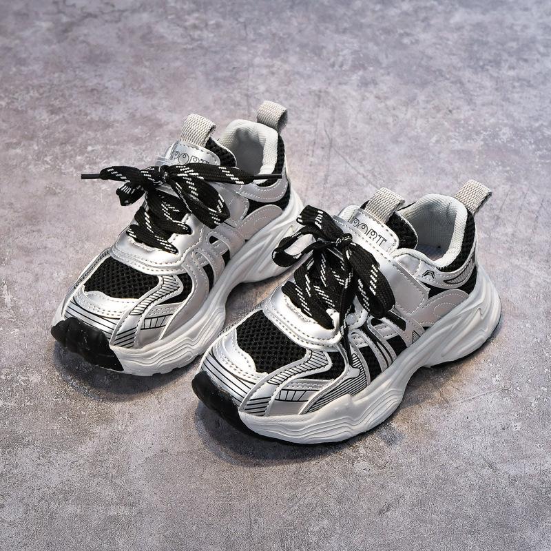 2026Early Spring Non-slip Dad Shoes for Boys and Girls, Versatile Running Shoes for Young, Middle, and Older Children, Low-top Striped Double-mesh