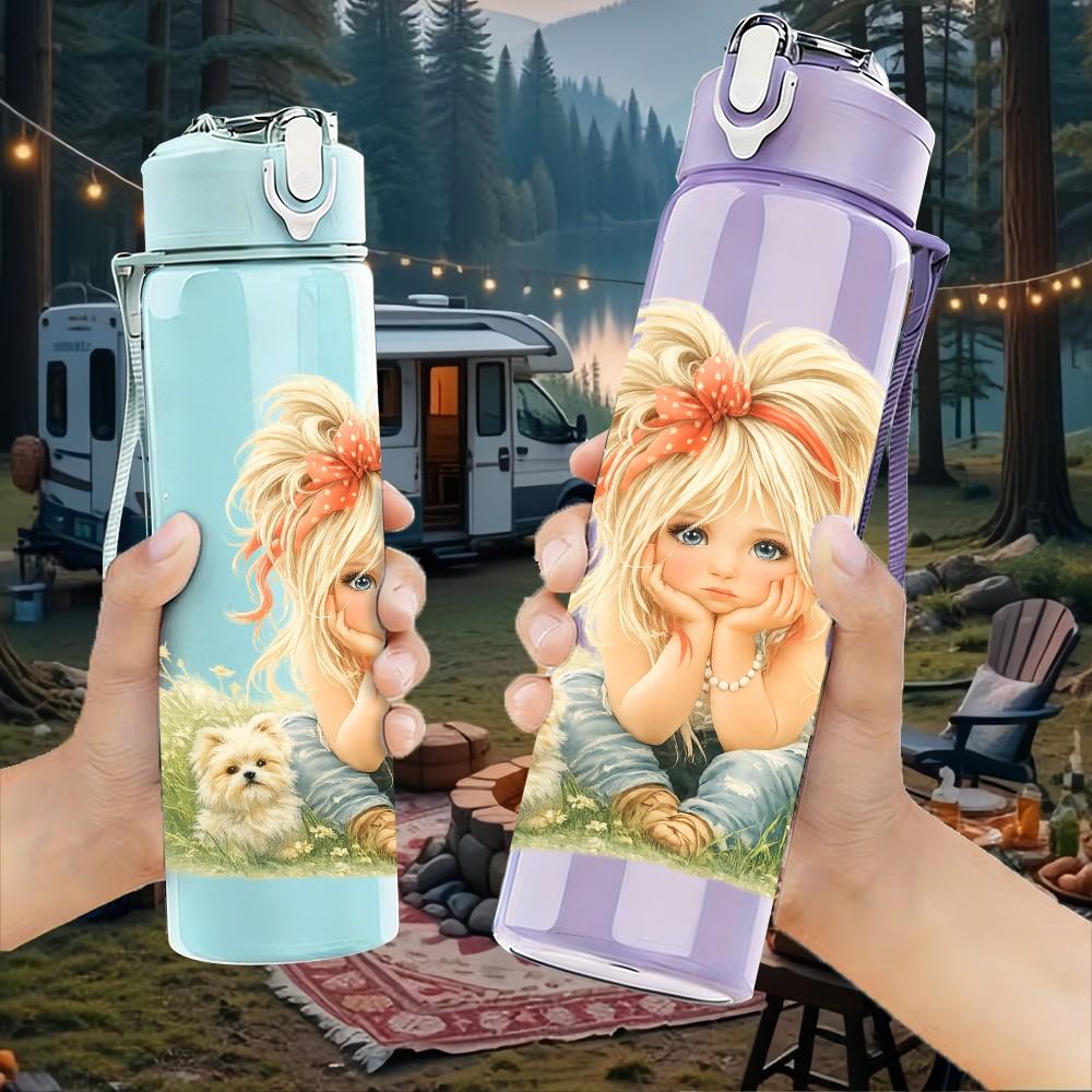 1PC Blond Girl Sitting In Grass Print 750ml Color Plastic Sports Water Bottle Leakproof Flip Straw Lid Suitable for Sports Office Home Use