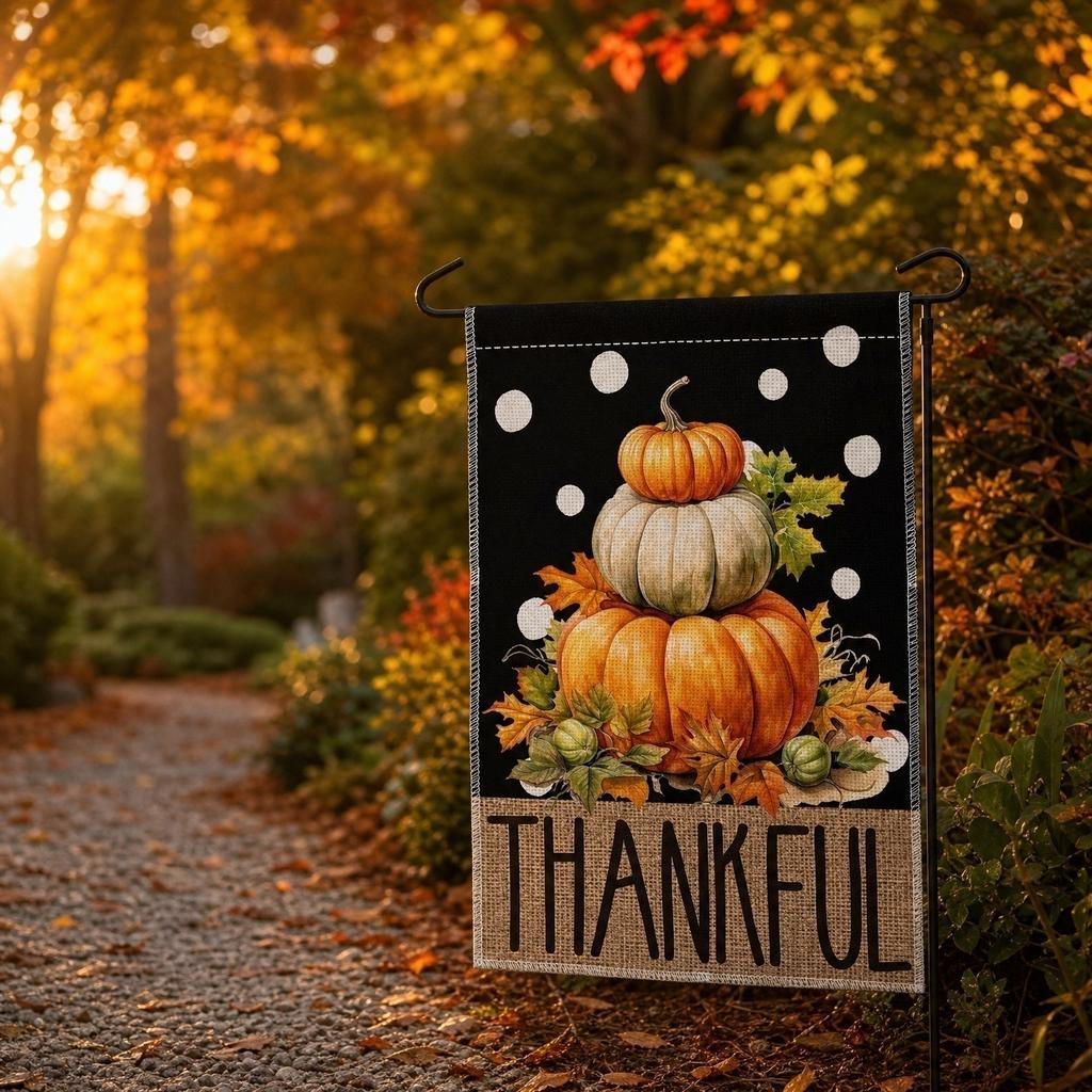 Thanksgiving Garden Flag 45x30cm House Door Decoration Seasonal Outdoor Yard Banner with Pumpkin and Leaf Design for Fall Holiday