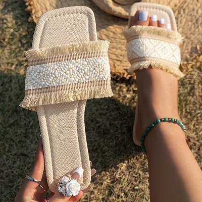 Summer Slippers Women Flat Fringe Luxury Outdoor Beach Flip Flops Female Sandals Weave Design Slides Shoes Woman  Size 43