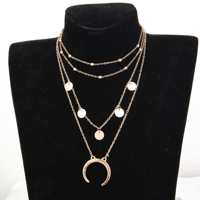 European & American Fashion Multi-layer Moon & Round Bead Choker Necklace золотой