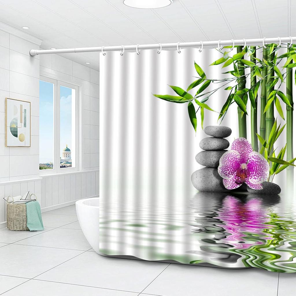 Zen Shower Curtains Green Bamboo Purple Flower Stone Reflection Water Landscape Spa Garden Pattern Print Bathroom Accessories