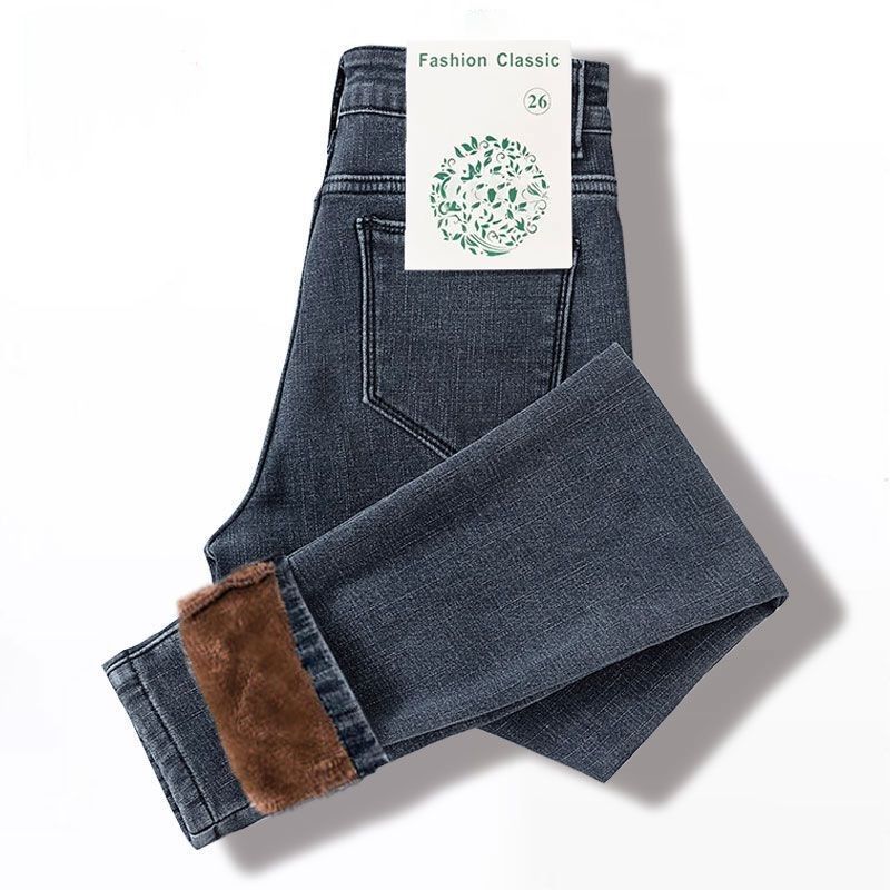 Plus-Größe Winter Dicke Plus Frauen Hohe Taille Mode Röhrenjeans Warm Slim Fit Stretch Damen Casual Denim Bleistifthose