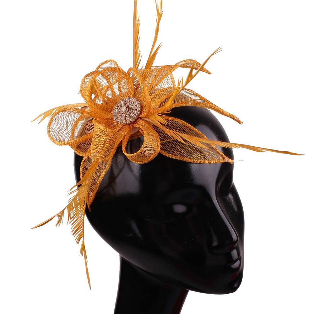 

European And American Style Feather Flower Headgear Retro Leather Pink Top Hat Hemp Yarn Headband Hairpin Dual-Purpose золотой
