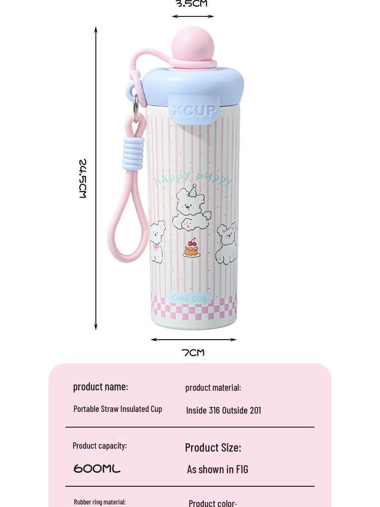 316 Stainless Steel Insulated Straw Cup for Women & Students - Cute Cartoon Water Bottle with Handle for Outdoor Use.