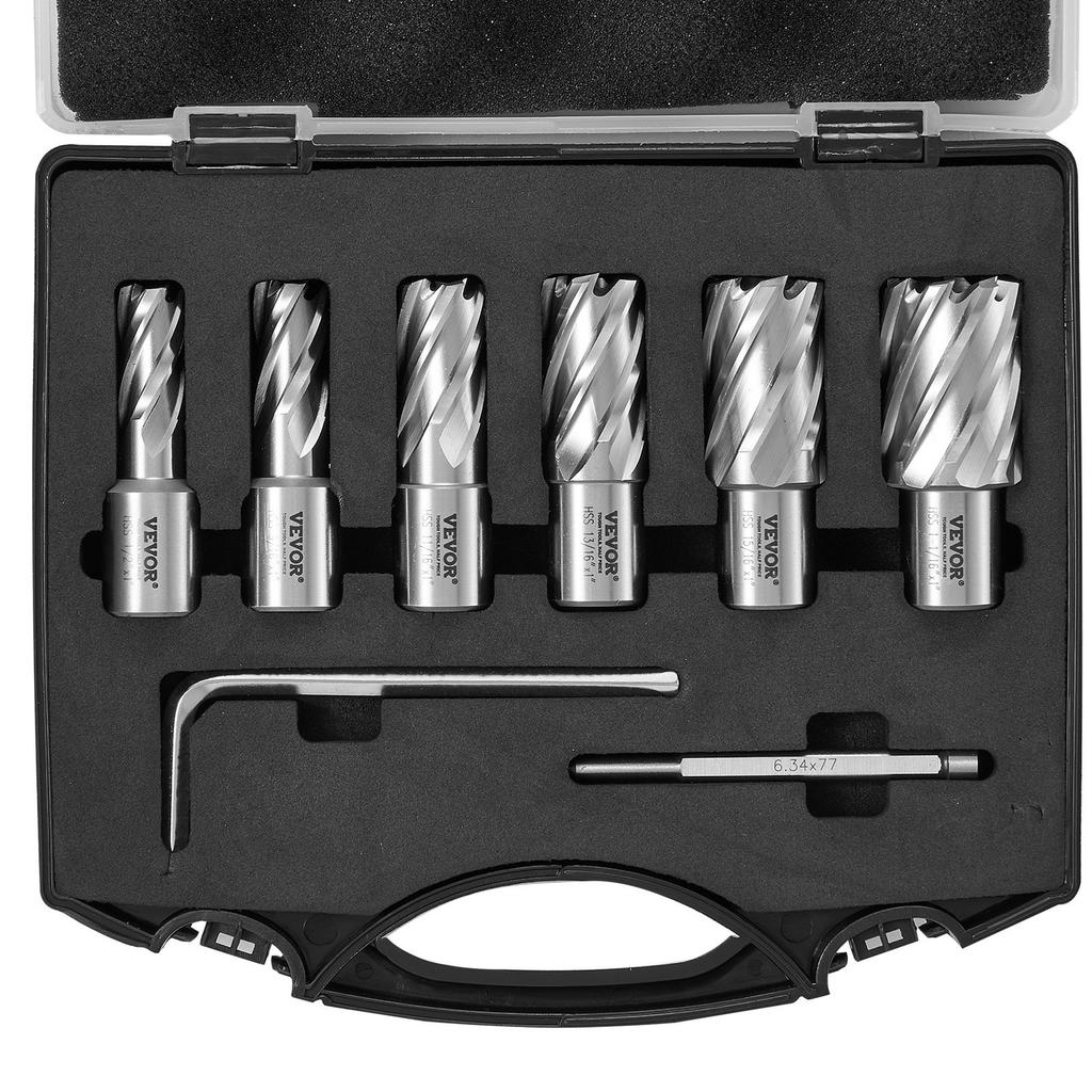 Annular Cutter Set, 6 pcs Weldon Shank Mag Drill Bits, 1" Cutting Depth, 1/2" to 1-1/16" Cutting Diameter, M2AL High-Speed Steel, with Pilot Pin and