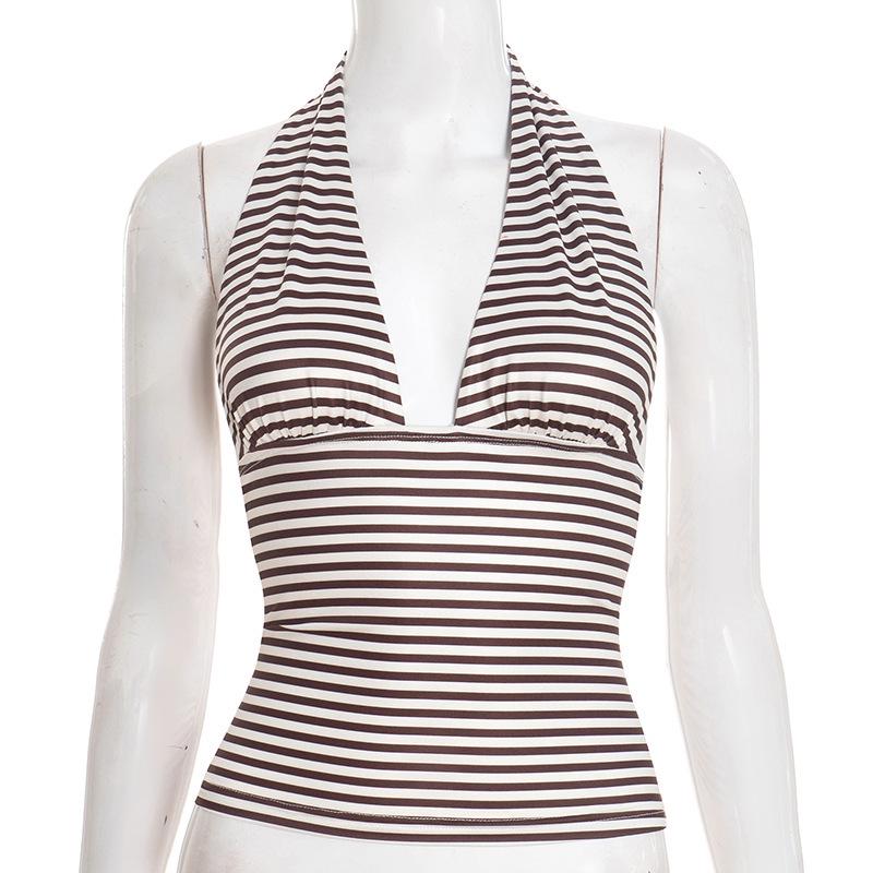 Striped Backless Halter Tank Top - Sexy Hot Girl Style Women s Clothing S