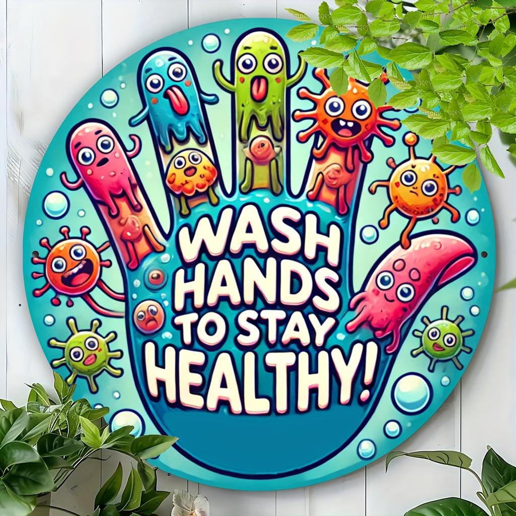 1pc, "Wash Hands To Stay Healthy" Round Sign, 7.8x7.8inch, Durable Seasonal Wall Art, Wooden Carved, for Home, Garden, Porch, Cafe, Farm Decor, Craft