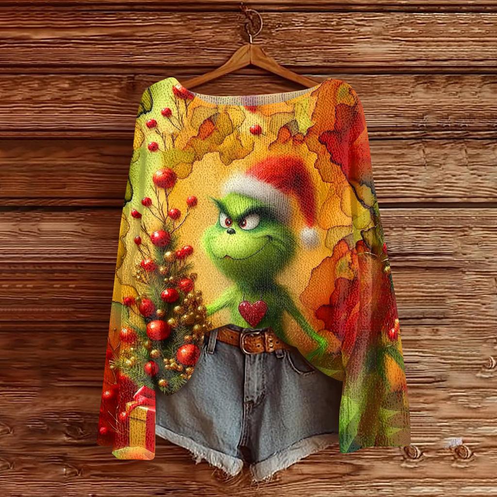 Women's Fashion Round Neck Long Sleeve Christmas Print Casual Knit Pullover Top