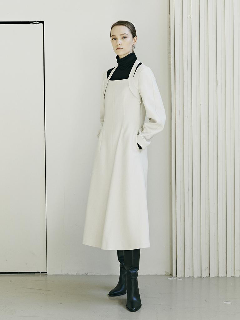 Nub Square Neck Herringbone Dress - Cream