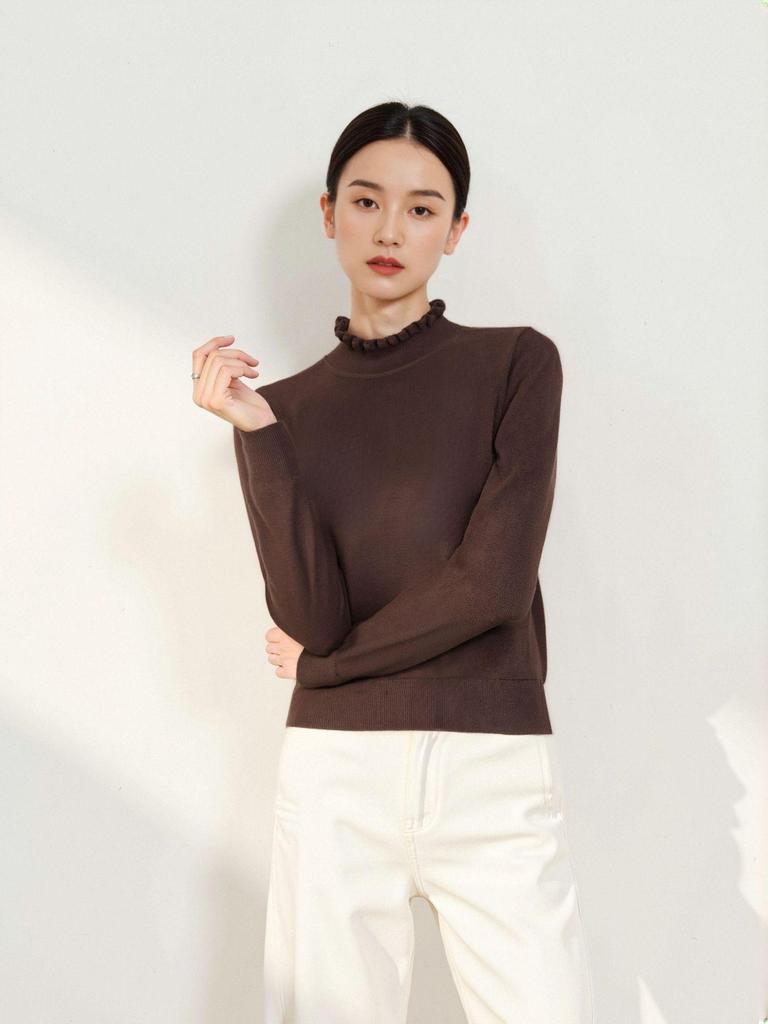 Autumn Winter Women's Seamless Wool Sweater – Ruffle Trim, Slim Fit, High Neck, Machine Washable Base Layer, Solid Color.