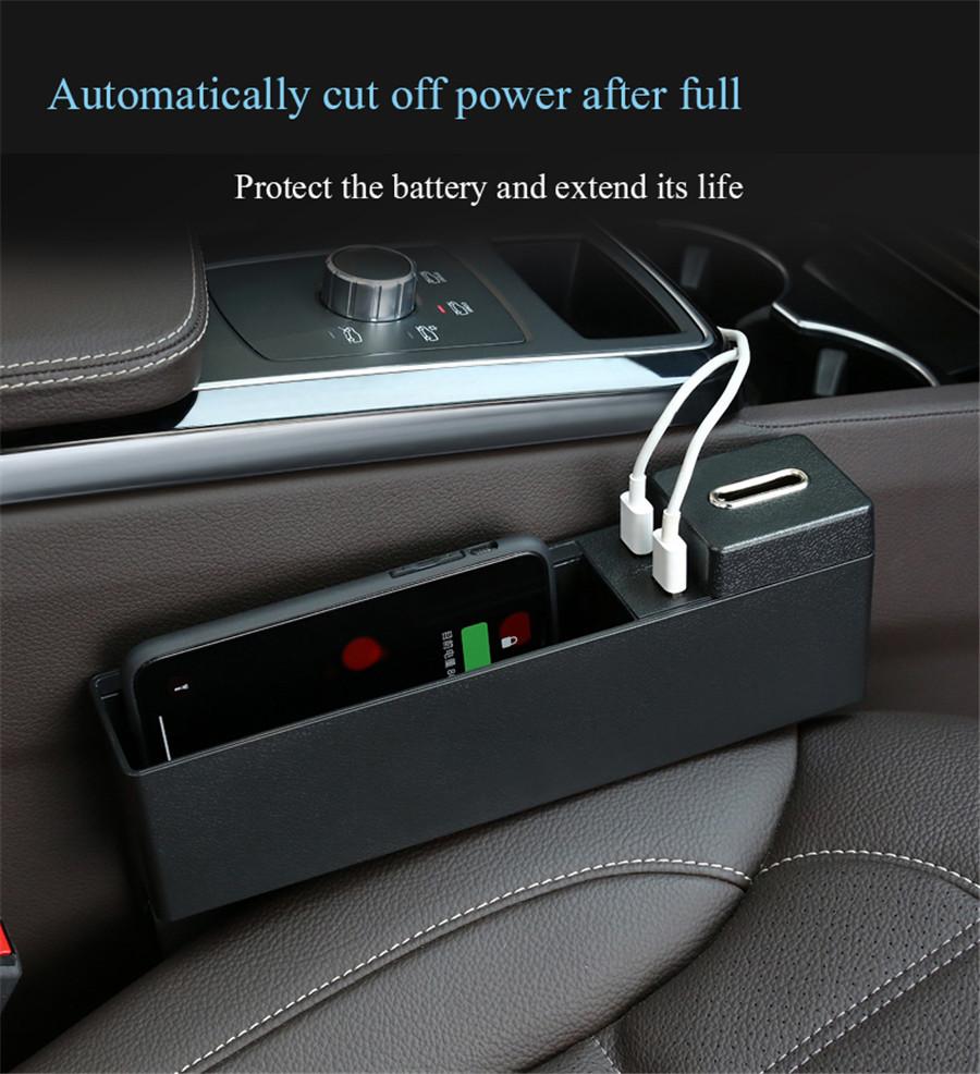 Black Plastic Car Seat Crevice Storage Box with USB Port Wireless Charging Board