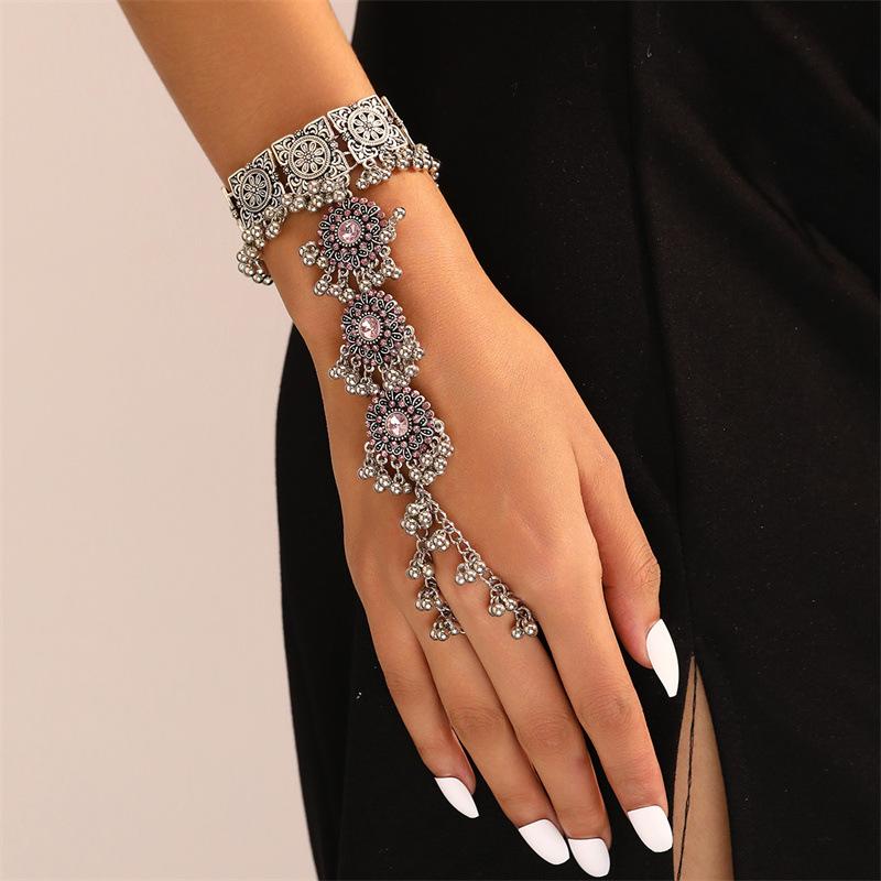 Ethnic Copper Color Carved Flower Bracelet Bangles In Chain Link Rings Girls Retro Pink Crystal Geometric Tassel Banquet Zircon