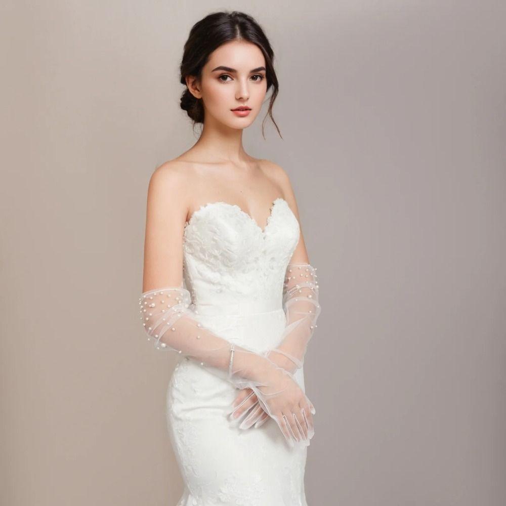 Handmade Beading Bridal Gloves Transparent Tulle Gloves Vintage Pearl Gloves  Dinner Party