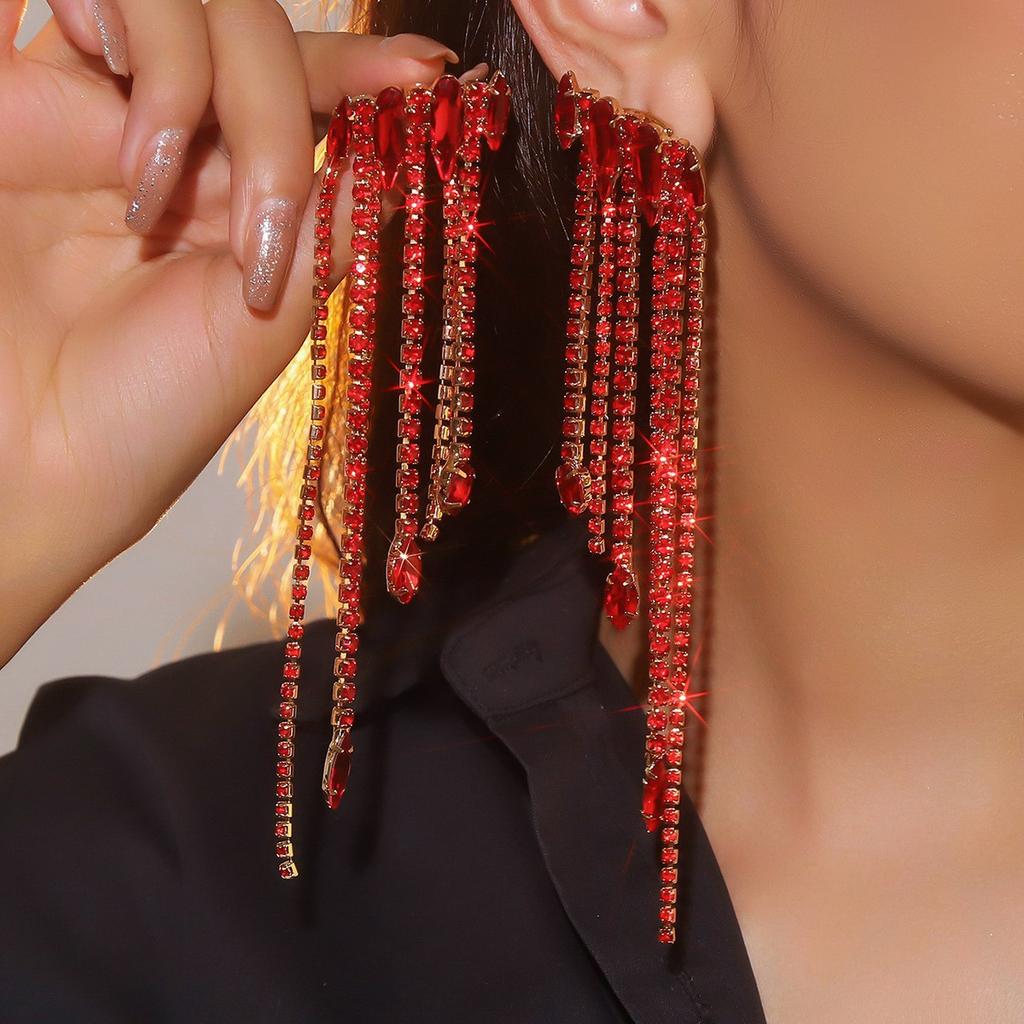 Oversized Fashion Claw Chain Luxury Shiny White Crystal Long Earrings Bridal Earrings Trendy Street Earrings