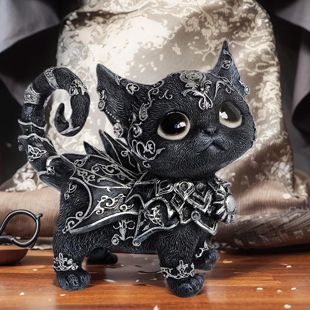Mystical Black Cat Statue Halloween Decoration Elegant Accented Kitten Sculpture Intricate Gothic Home Decor Enchanting Figurine