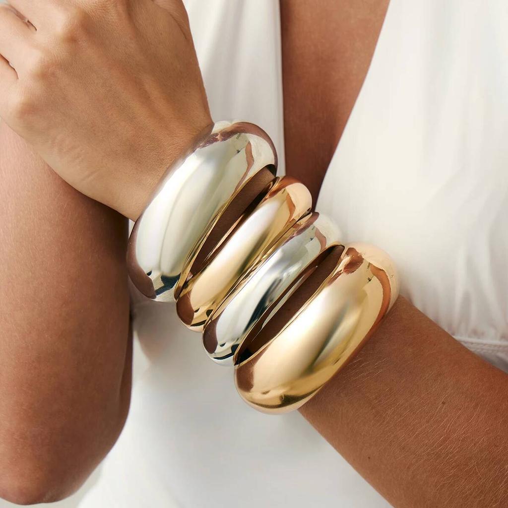 Ingemark Punk Glossy Metal Round Chunky Bangles for Women New Trend Hip Hop Gold Color Geometric Bracelet Set Grunge Jewelry Men