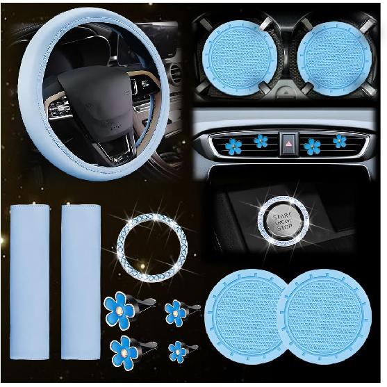 10PCS Car Accessories Set, Vehicle Steering Wheel Cover Seatbelt Protector Cup Holder Coaster Push Start Button Cover Flower Auto Air Vent Clip,