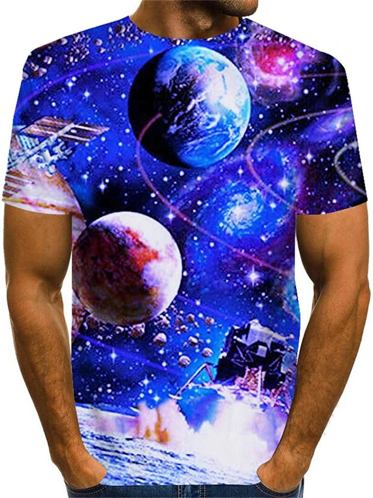 Summer Round Neck 3D Psychedelic Space & Art Print Top Fashionable Casual Short Sleeved Men's T-shirts