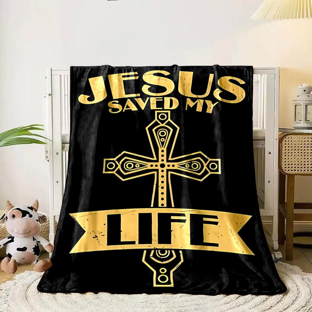 Jesus Saved My Life Cross Blanket  Printed Blanket for Living Room Bed Couch Lunch Break Soft Cozy Blanket for Friend's Festival Gift