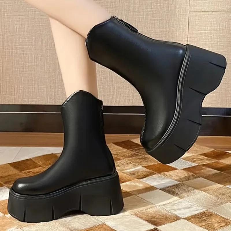 2024nya Damhöjande Stövel med Tjock Sula och Halvhögt Skaft Mujer Zapatos Trendiga Nya Design med Blixtlås Bak Dams MC-stövlar