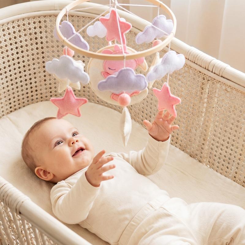 Music Box Bed Bell Hanging Bracket Toy Wooden Crib Mobile Baby Bed Bell Rattle Toy Soft Felt Cartoon Bear Mobile Bracket Newborn