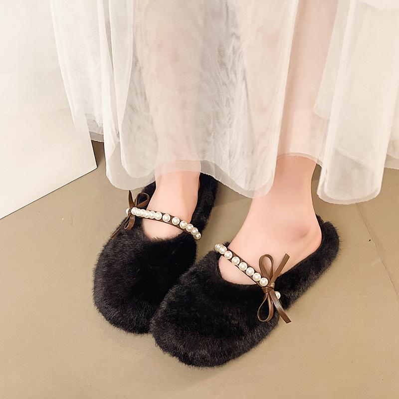 2025 French Large Size Flat Bottom Versatile Bag Head Half Slippers Femininity Slippers Fashion with Skirt Gentle Fluffy Shoes