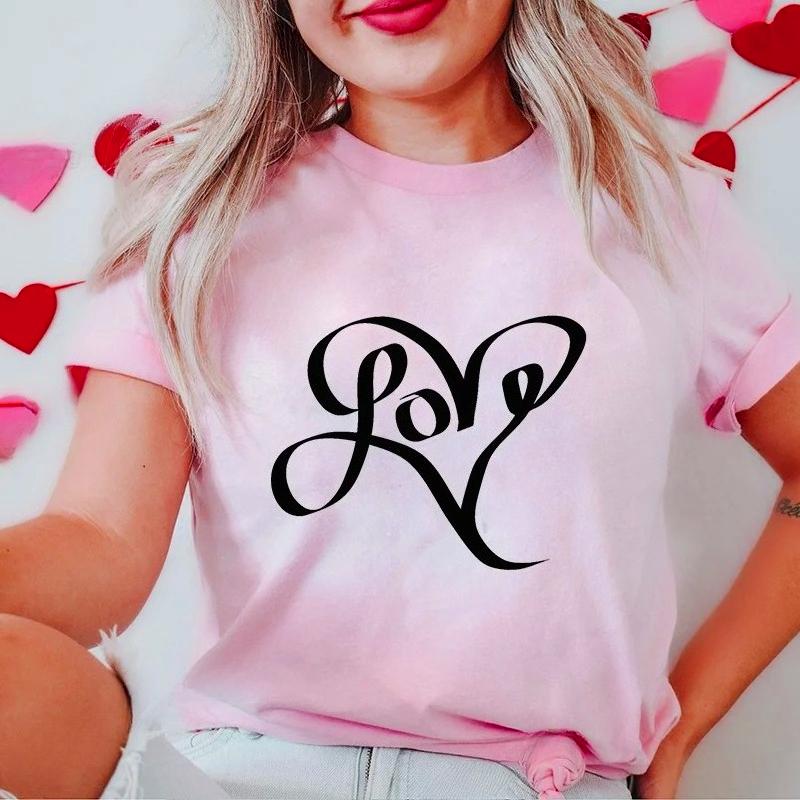 New Women's T-Shirts Clothing Valentine Leopard Love Heart Print Tees Breathable Tshirt Loose Top Harajuku Casual Short Sleeve